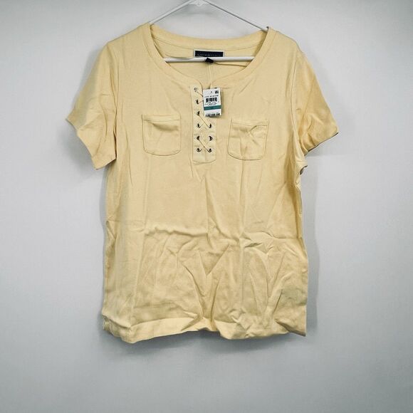 NWT Karen Scott Woman 0X Lace Up Scoop Neck Yellow Top Blouse Summer Casual - Picture 3 of 7